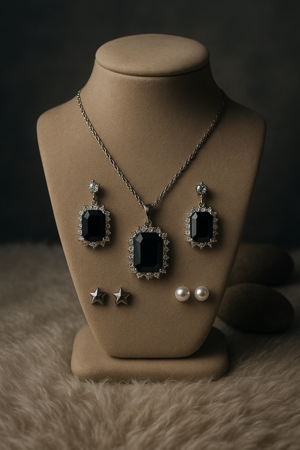 Silver Locket Set with White & Black Stones and 3 Unique Earrings