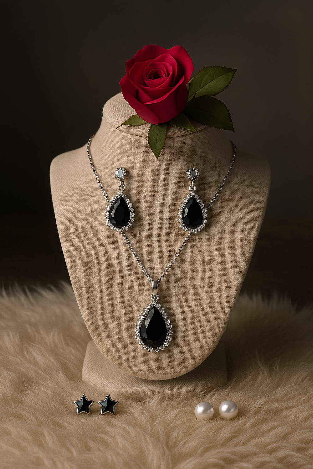 Silver Locket Set with White & Black Stones and 3 Unique Earrings