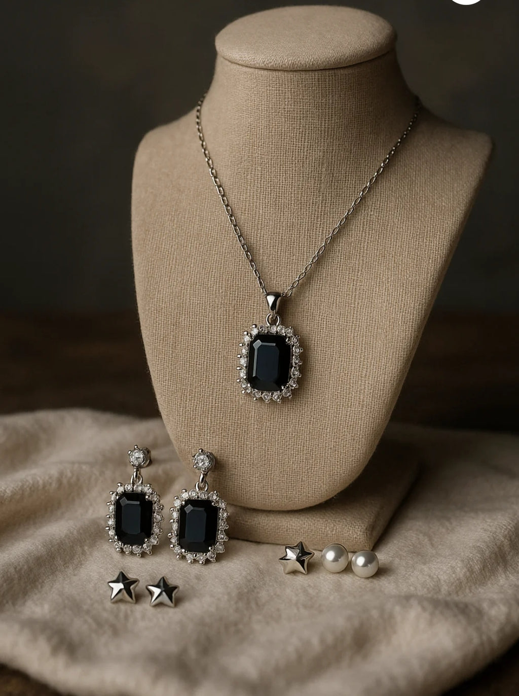 Silver Locket Set with White & Black Stones and 3 Unique Earrings