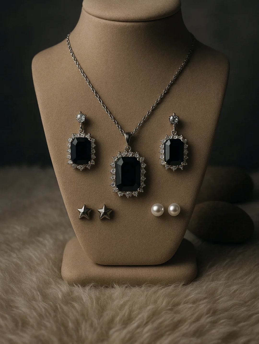 Silver Locket Set with White & Black Stones and 3 Unique Earrings