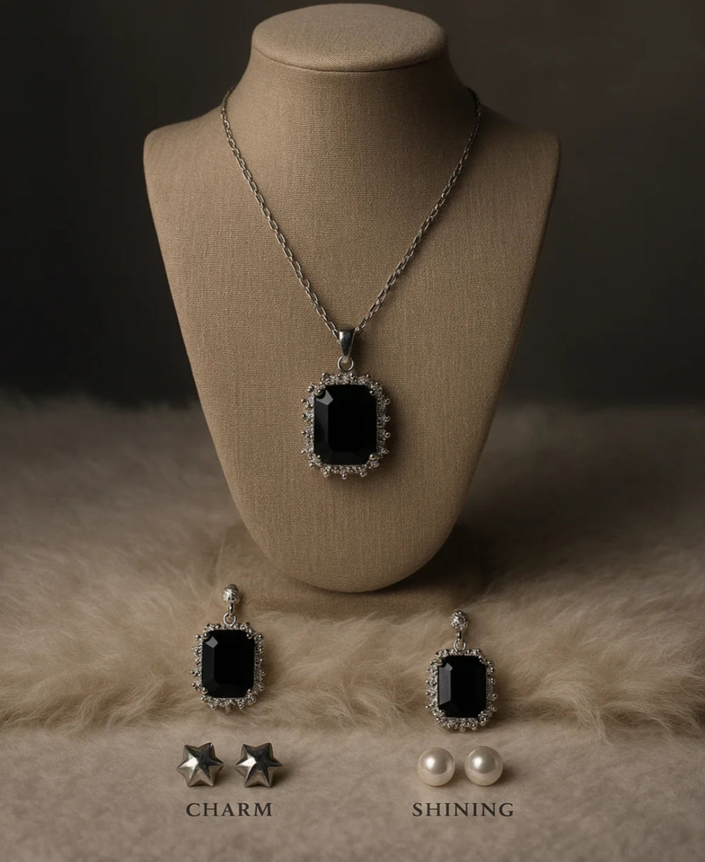 Silver Locket Set with White & Black Stones and 3 Unique Earrings