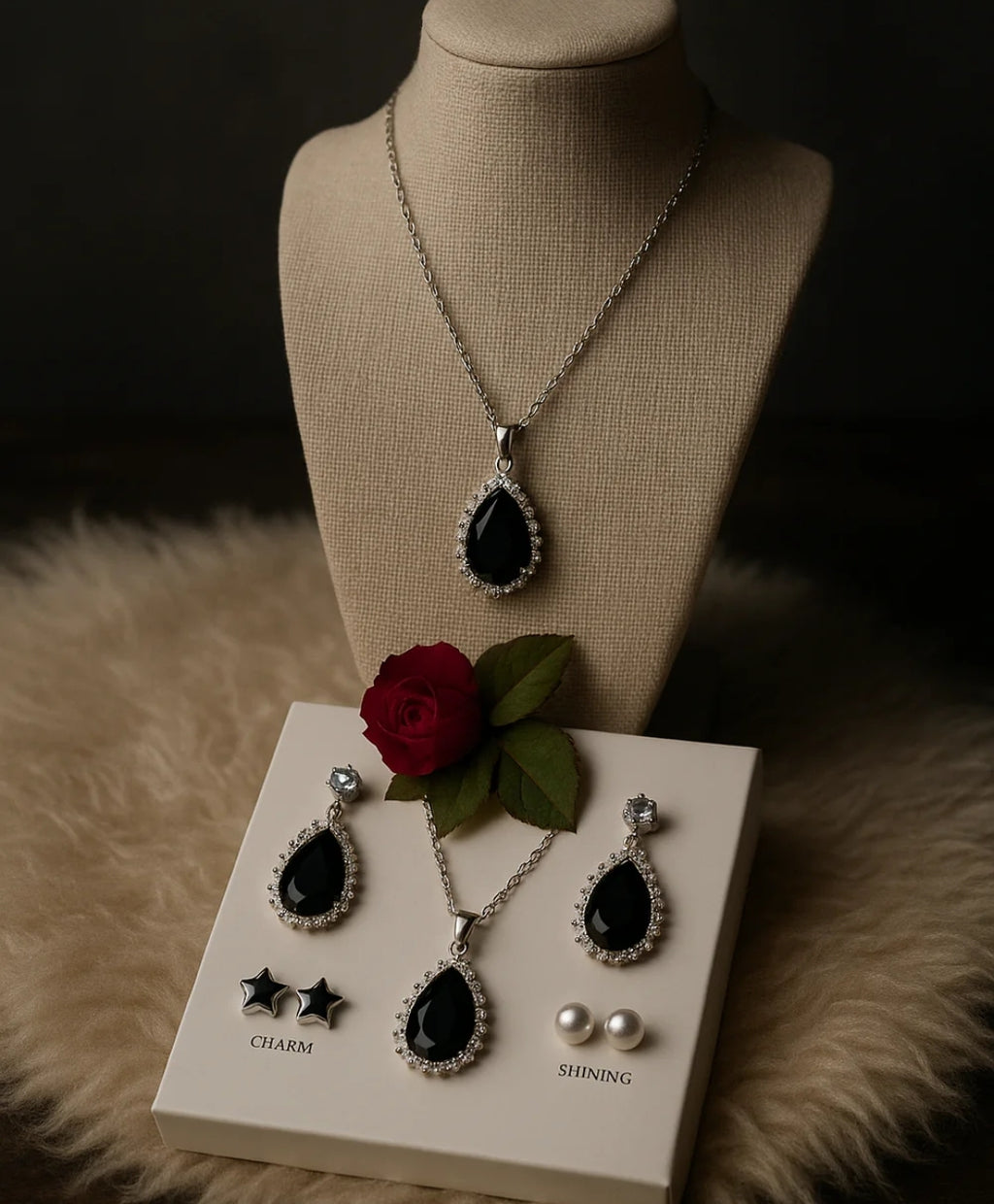 Silver Locket Set with White & Black Stones and 3 Unique Earrings