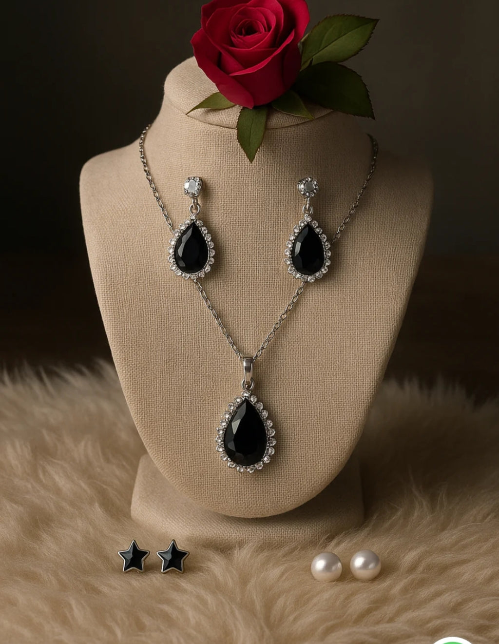 Silver Locket Set with White & Black Stones and 3 Unique Earrings