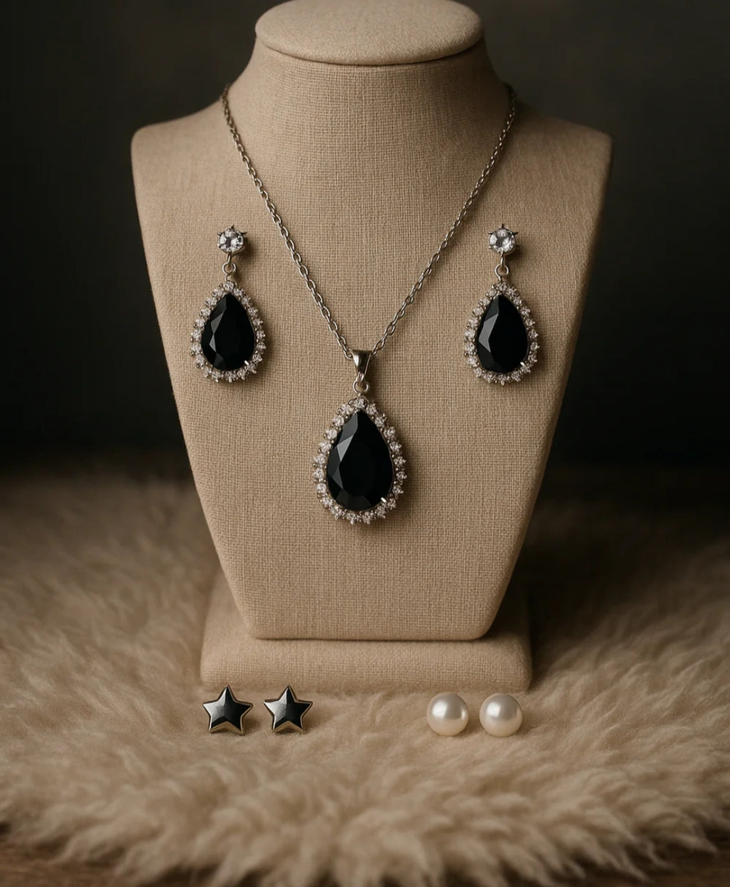 Silver Locket Set with White & Black Stones and 3 Unique Earrings