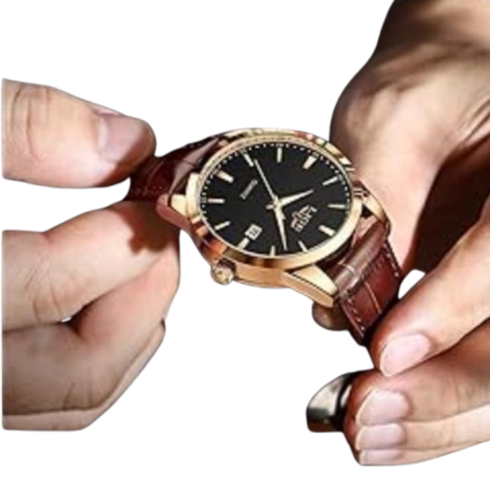 Unisex Classic IP Gold Color Alloy Quartz Watch, Black dial, Brown Leather Strap