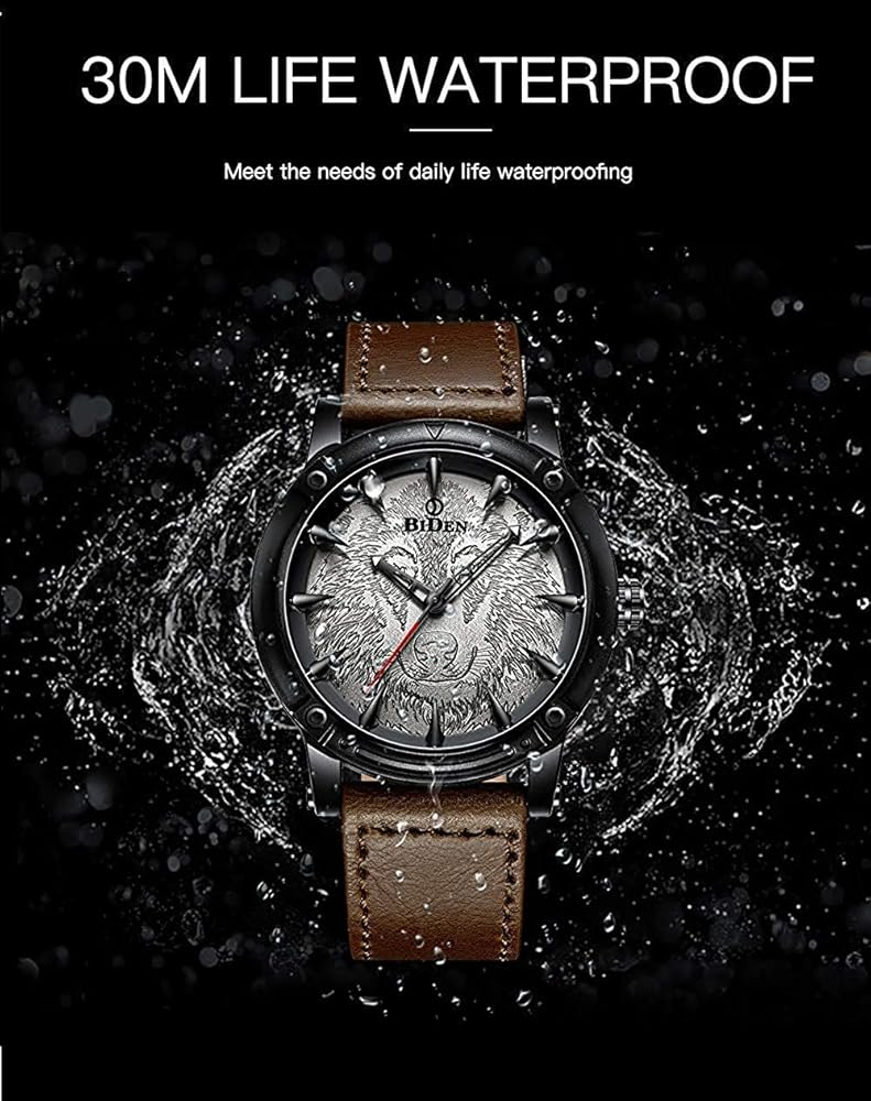 Carlien New 3D Engraved Wolf Dial Quartz Watch for Men Big Face Sport Leather Casual Wristwatch