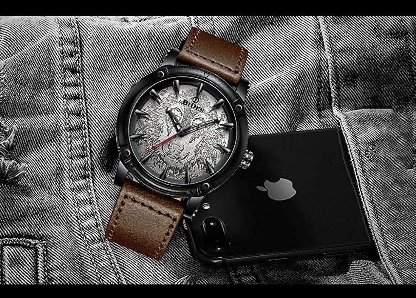 Carlien New 3D Engraved Wolf Dial Quartz Watch for Men Big Face Sport Leather Casual Wristwatch